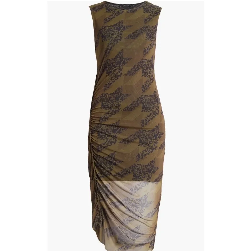 AllSaints Women Olive Green Mesh Houndstooth Floral Ruched Midi Dress US 10 - Picture 3 of 7